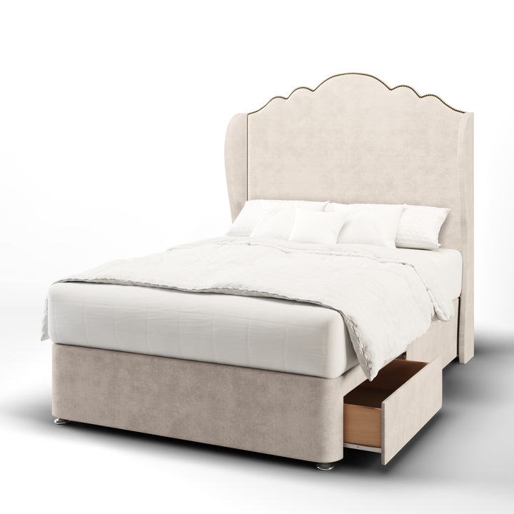 Amelia Fabric Upholstered Middle Curve Winged Headboard with Divan Bed Base & Mattress