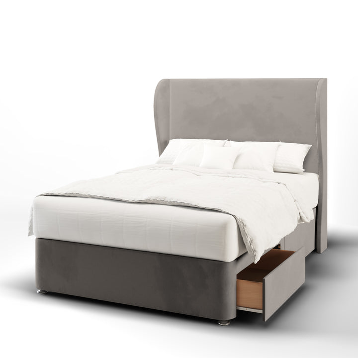 Plain Fabric Upholstered Middle Curve Winged Headboard with Divan Bed Base & Mattress