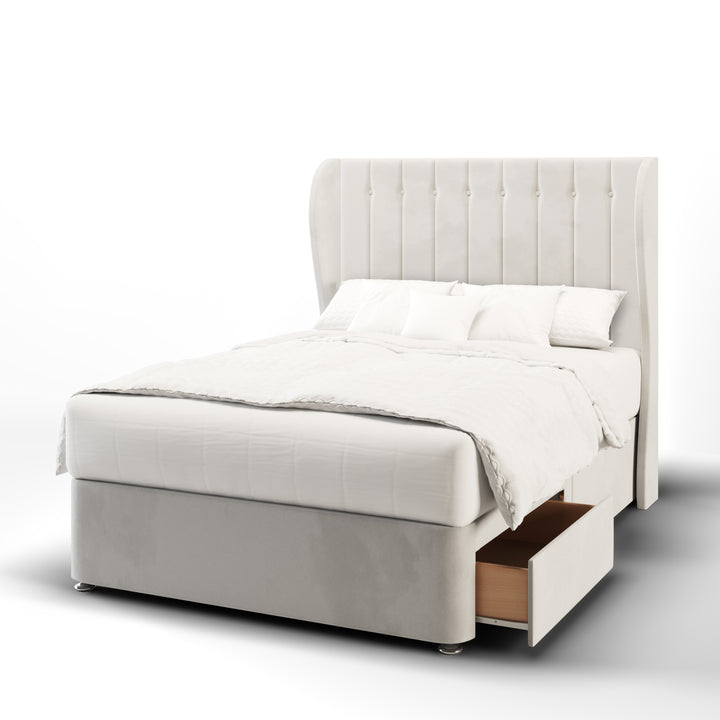 Vertical Panels Buttoned Fabric Upholstered Middle Curve Winged Headboard with Divan Bed Base & Mattress