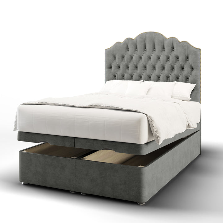 Amelia Chesterfield Fabric Upholstered Floor Standing Headboard with Ottoman Storage Bed Base & Mattress