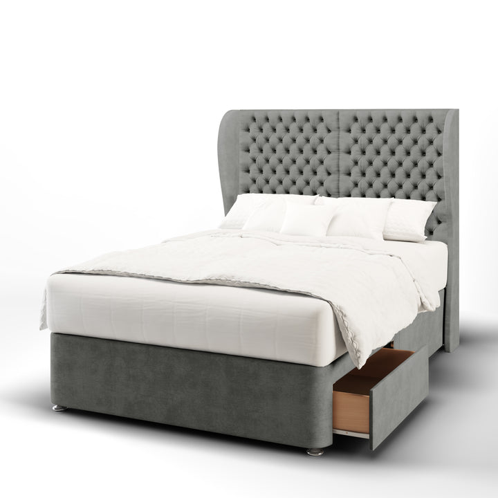 2 Panel Chesterfield Fabric Upholstered Middle Curve Winged Headboard with Divan Bed Base & Mattress