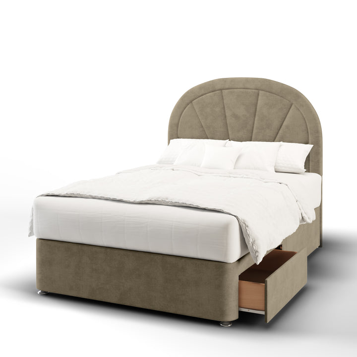 Arched Vertical Lines Fabric Upholstered Floor Standing Headboard with Divan Bed Base & Mattress