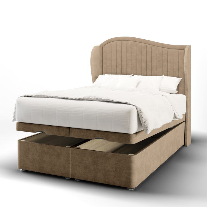 Wave Fabric Upholstered Middle Curve Winged Headboard with Ottoman Storage Bed Base & Mattress