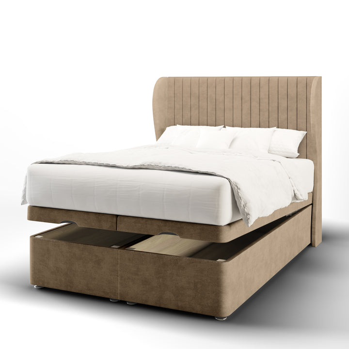Fluted Fabric Upholstered Middle Curve Winged Headboard with Ottoman Storage Bed Base & Mattress