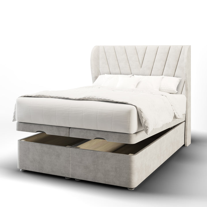 V Design Fabric Upholstered Middle Curve Winged Headboard with Ottoman Storage Bed Base & Mattress