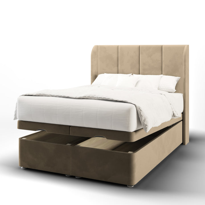 4 Panel Fabric Upholstered Top Curve Winged Headboard with Ottoman Storage Bed Base & Mattress