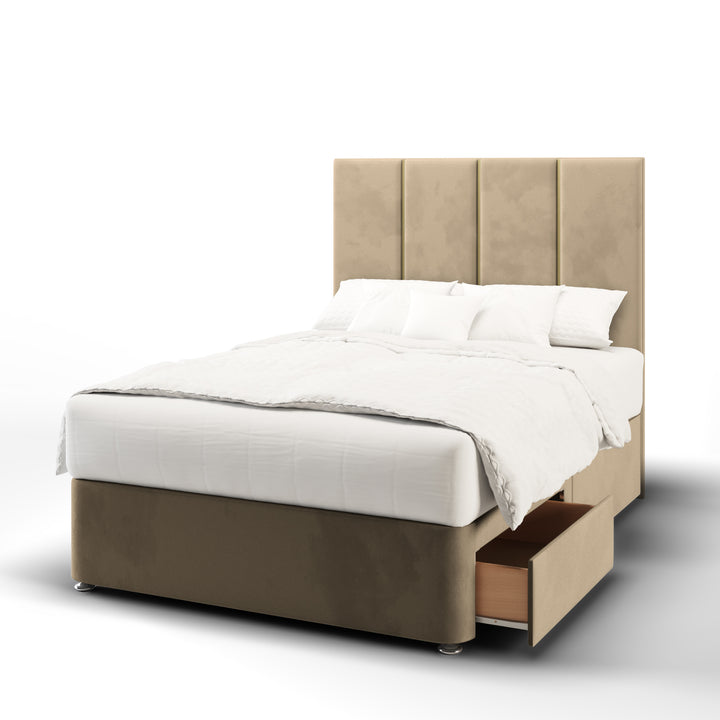 4 Panel Gold Strips Fabric Upholstered Floor Standing Headboard with Divan Bed Base & Mattress