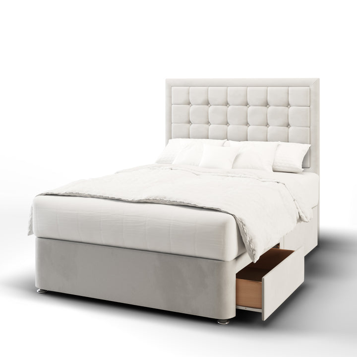 Cubic Large Buttoned Border Fabric Upholstered Floor Standing Headboard with Divan Bed Base & Mattress