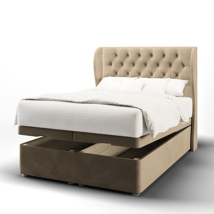 Chesterfield Fabric Upholstered Middle Curve Winged Headboard with Ottoman Storage Bed Base & Mattress