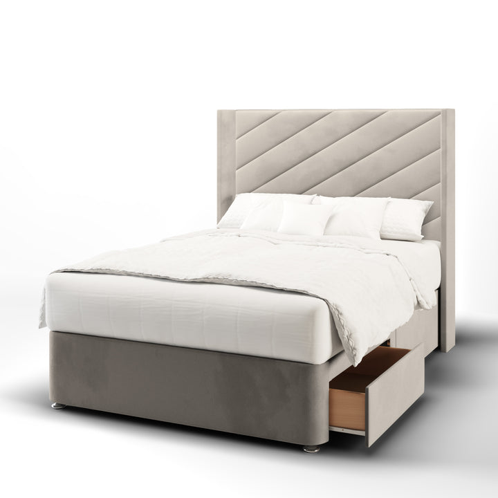 Diagonal Panels Fabric Upholstered Straight Winged Headboard with Divan Bed Base & Mattress
