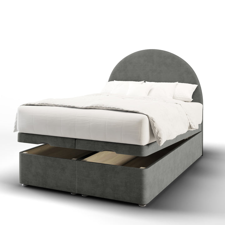 Half Moon Fabric Upholstered Floor Standing Headboard with Ottoman Storage Bed Base & Mattress