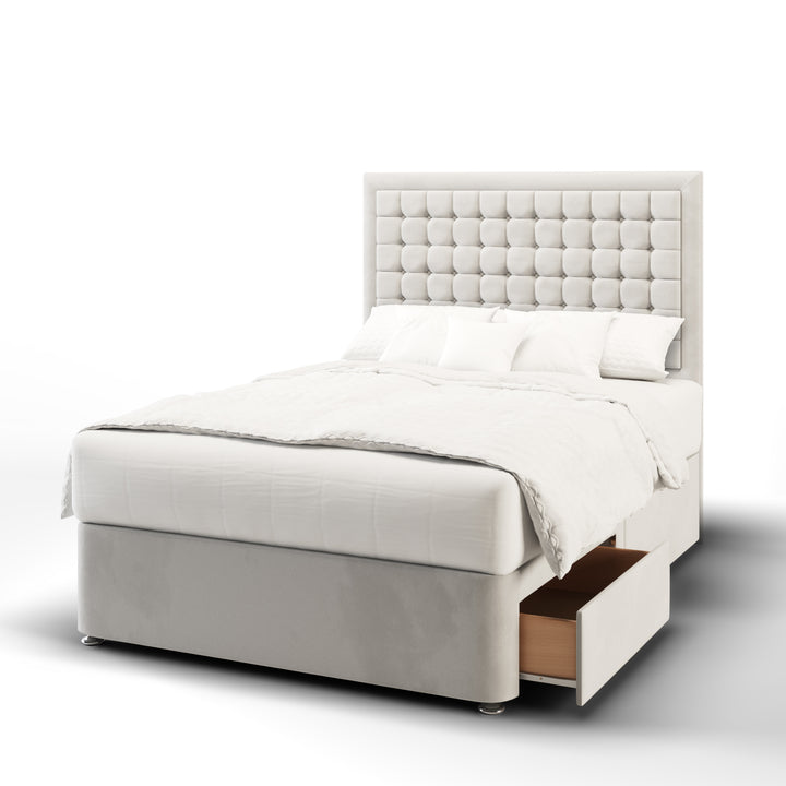 Cubic Small Buttoned Border Fabric Upholstered Floor Standing Headboard with Divan Bed Base & Mattress