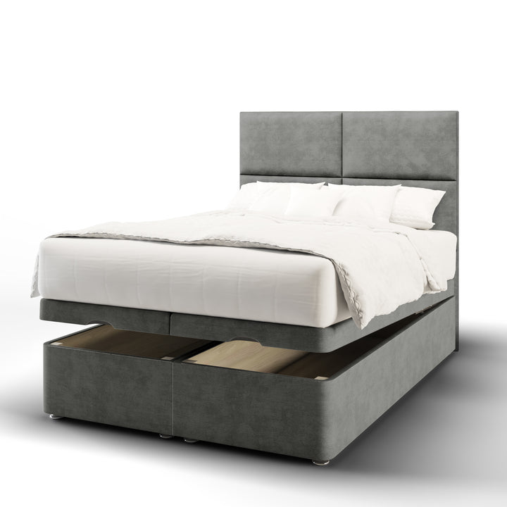 Quadrant Fabric Upholstered Floor Standing Headboard with Ottoman Storage Bed Base & Mattress