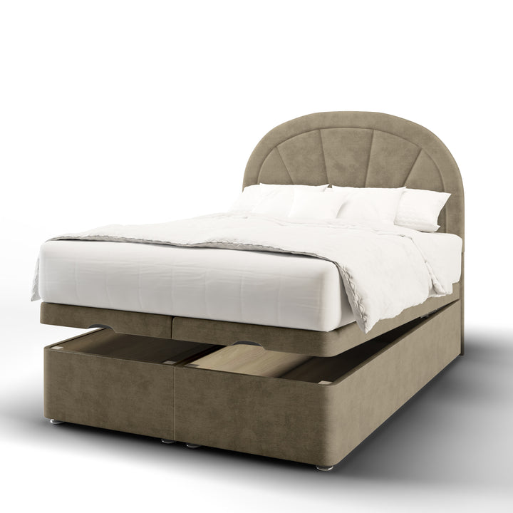 Arched Border Vertical Lines Fabric Upholstered Floor Standing Headboard with Ottoman Storage Bed Base & Mattress
