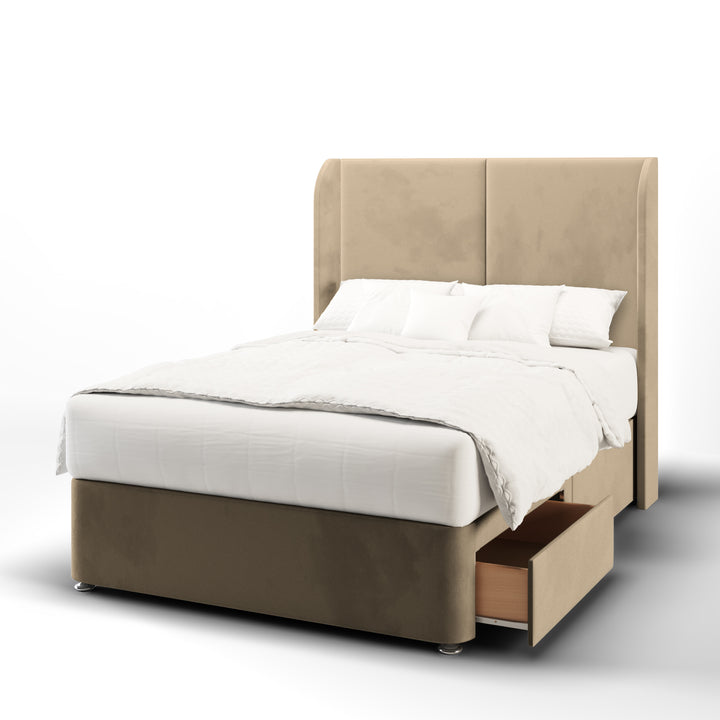 2 Panel Fabric Upholstered Top Curve Winged Headboard with Divan Bed Base & Mattress