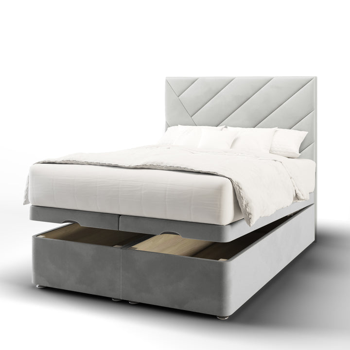 Multi Diagonal Panels Fabric Upholstered Floor Standing Headboard with Ottoman Storage Bed Base & Mattress