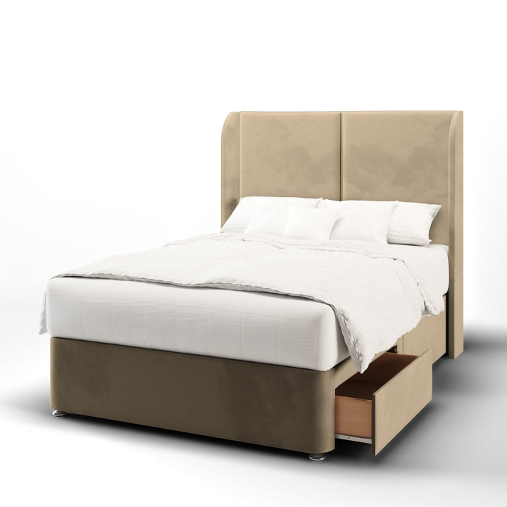 2 Panel Gold Strip Fabric Upholstered Top Curve Winged Headboard with Divan Bed Base & Mattress